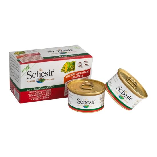 SCHESIR Multipack 4 x 85 g - Chien - en gelée - Filets de poulet avec bœuf