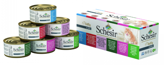 SCHESIR Multipack 6 x 85 g - Chat - Multi Saveurs en gelée - Thon - Thon avec crevettes - Thon avec jambon - Thon avec poulet - Filets de poulet - Poulet avec jambon