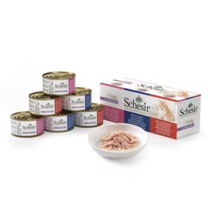 SCHESIR Multipack 6 x 85 g - Chat - Multi Saveurs au naturel - Thon et poulet avec riz - Thon avec blanchailles - Thon et bœuf avec riz