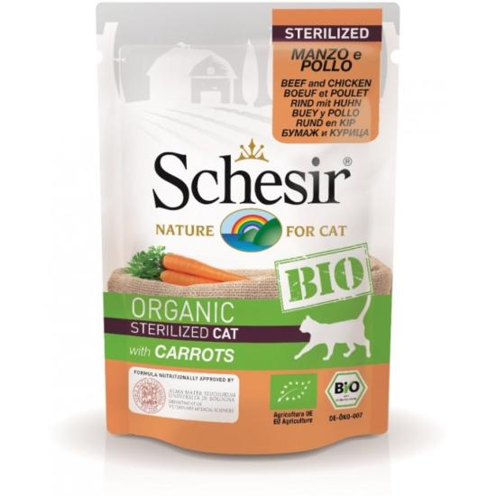 SCHESIR BIO - Sachet fraicheur BIO 85 g - Chat - Sterilisé - Bœuf / Poulet / Carottes bio