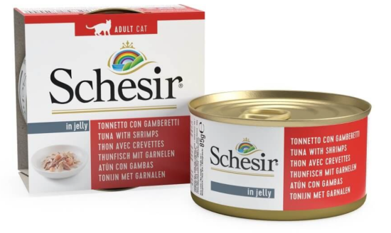 SCHESIR boite 70 g - Chat - dans le bouillon de cuisson - Filets de poulet avec crevettes