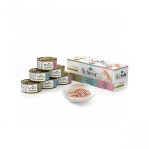 SCHESIR Multipack 6 x 70 g - Chat - Multi Saveurs dans le bouillon de cuisson - Thon - Thon avec daurade - Filets de poulet