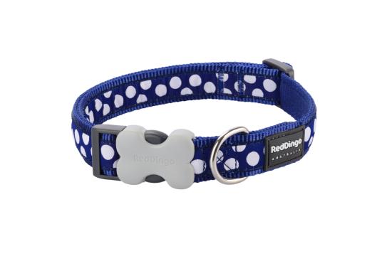 RED DINGO Dog collier Design White Spots on Navy S 15mm x 24-36cm