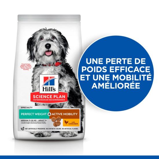 Hill's Science Plan PERFECT WEIGHT & ACTIVE MOBILITY croquettes pour Chien Adulte de Race MOYENNE au Poulet 12kg